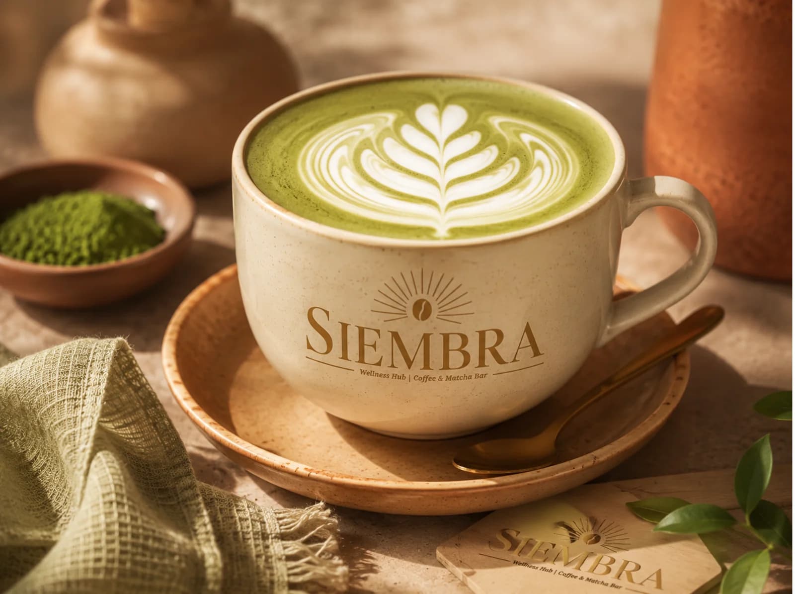 Matcha latte servido en taza de cerámica sobre madera